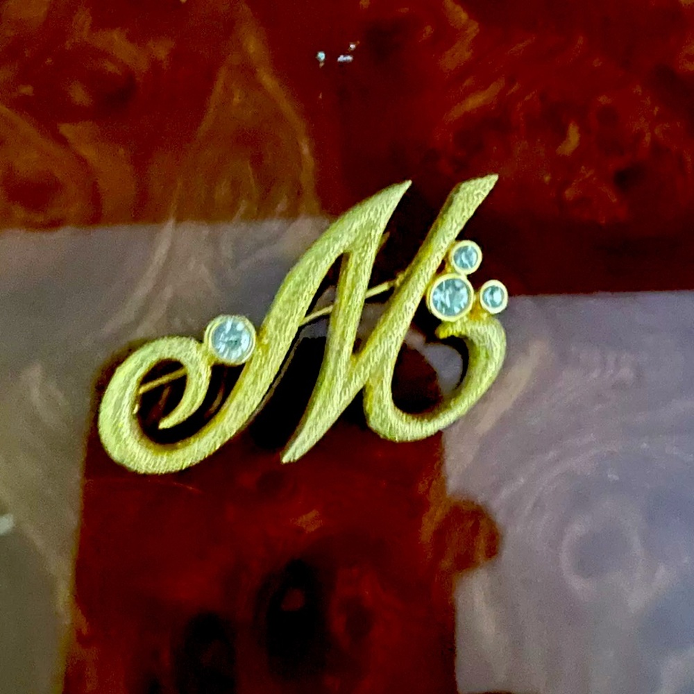 Vtg. Signed M Jent Mid-Century Gold Car and Skyscraper Brooch with Crystals